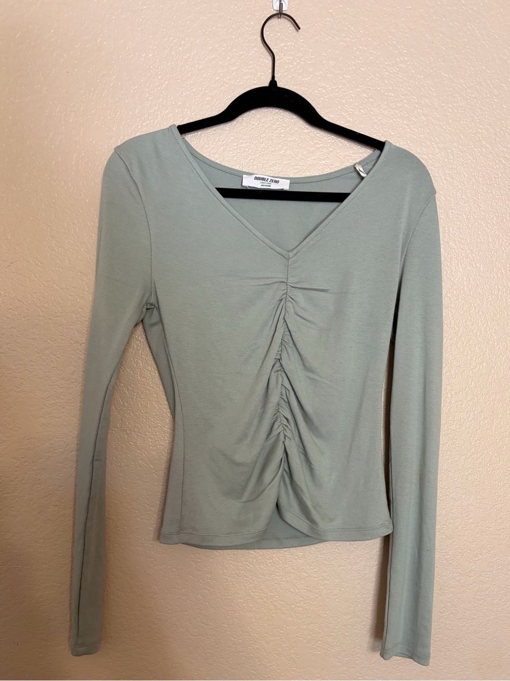 Double Zero Sage Green Ruched V-Neck Long Sleeve Top